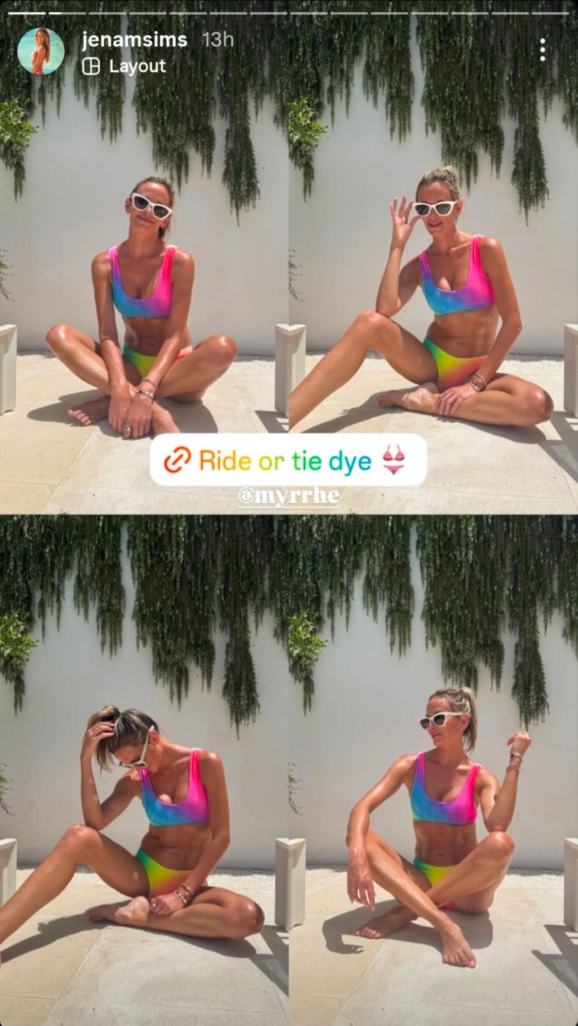 Screenshot from Jena Sims’ Instagram story showing off her hand-painted rainbow bikini (via @jenasims)